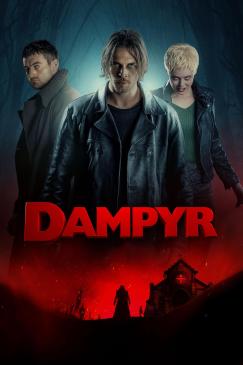 Haunting key art with three people, 2 men and a woman who looks like a vampire. Shadows at the bottom with a blood red church.